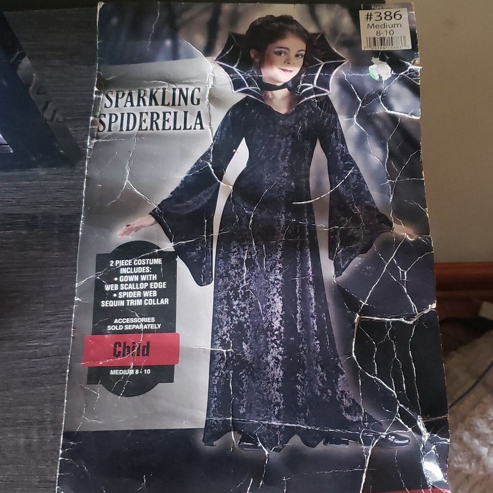 Fun World Sparkling Spiderella Costume Kids Medium 8-10 Black Sequin Gown New